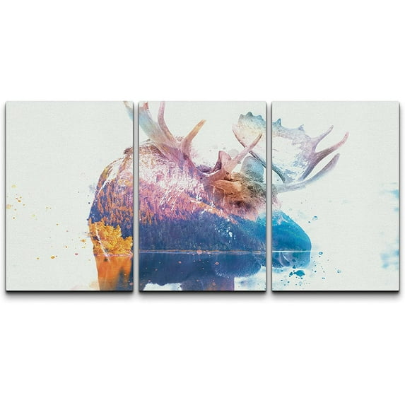 wall26 Canvas Print Wall Art Set Rainbow Watercolor Explosion Moose Portrait Animals Wildlife Digital Art Realism Rustic Scenic Colorful Multicolor for Living Room, Bedroom, Office - 24"x36"