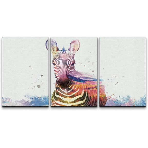 wall26 Canvas Print Wall Art Set Rainbow Watercolor Explosion Zebra Portrait Animals Wildlife Digital Art Realism Rustic Scenic Colorful Multicolor for Living Room, Bedroom, Office - 16"x24"