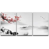 wall26 Canvas Print Wall Art Set Red Cherry Blossoms Over Misty Mountain Range Nature Wilderness Illustrations Modern Art Cultural Relax/Calm for Living Room, Bedroom, Office - 16"x24"x3 Pa
