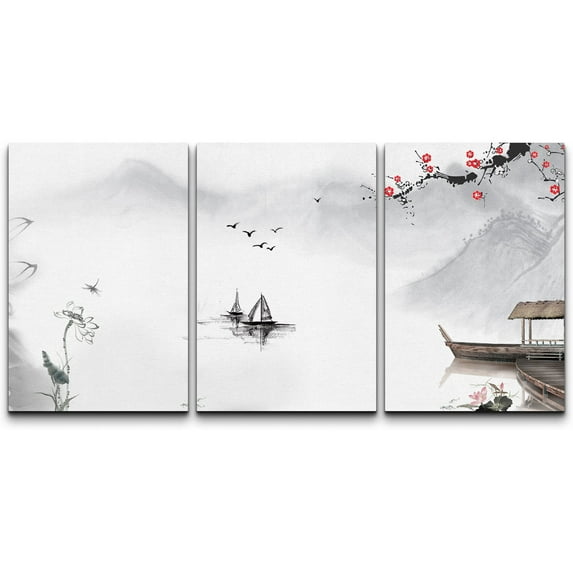 wall26 Canvas Print Wall Art Set Red Cherry Blossoms Over Chinese Boats Nature Wilderness Illustrations Modern Art Cultural Scenic Relax/Calm for Living Room, Bedroom, Office - 16"x24"x3 Pa