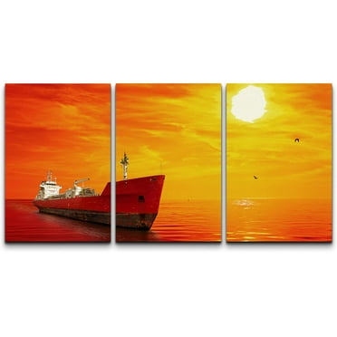 wall26 Canvas Print Wall Art Set Red Tanker Ship &amp; Orange Sunset Nature Ocean Illustrations Realism Rustic Landscape Colorful Multicolor Ultra for Living Room, Bedroom, Office - 24&quot;x36&quot;