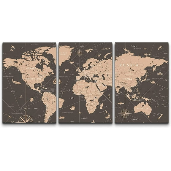 wall26 Canvas Print Wall Art Set Retro Vintage Antique Sepia World Map Global Country Illustrations Modern Decorative International Educational for Living Room, Bedroom, Office - 16"x24" x