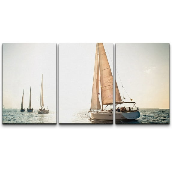 wall26 Canvas Print Wall Art Set Sailboats on Sunny Ocean Horizon Ocean Nature Photography Realism Nautical Scenic Colorful Multicolor Ultra for Living Room, Bedroom, Office - 16"x24"x3