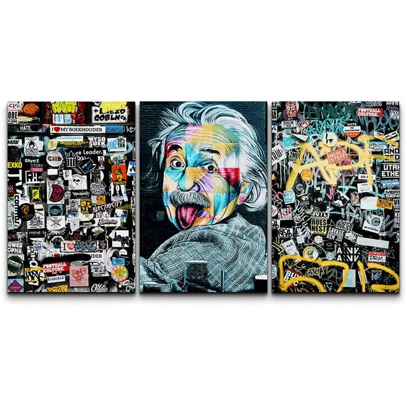 wall26 Canvas Print Wall Art Set Spray Paint Funny Albert Einstein Graffiti Street Art Comic Book Illustrations Modern Art Portrait Boho Decorative for Living Room, Bedroom, Office - 16"x24"