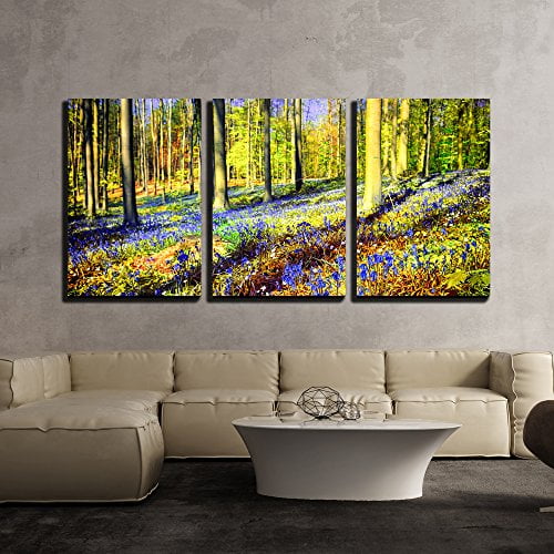wall26 Canvas Print Wall Art Set Spring Forest with Bluebells &amp; Anemones Nature Plants Photography Realism Rustic Landscape Colorful Multicolor Ultra for Living Room, Bedroom, Office - 24"x3