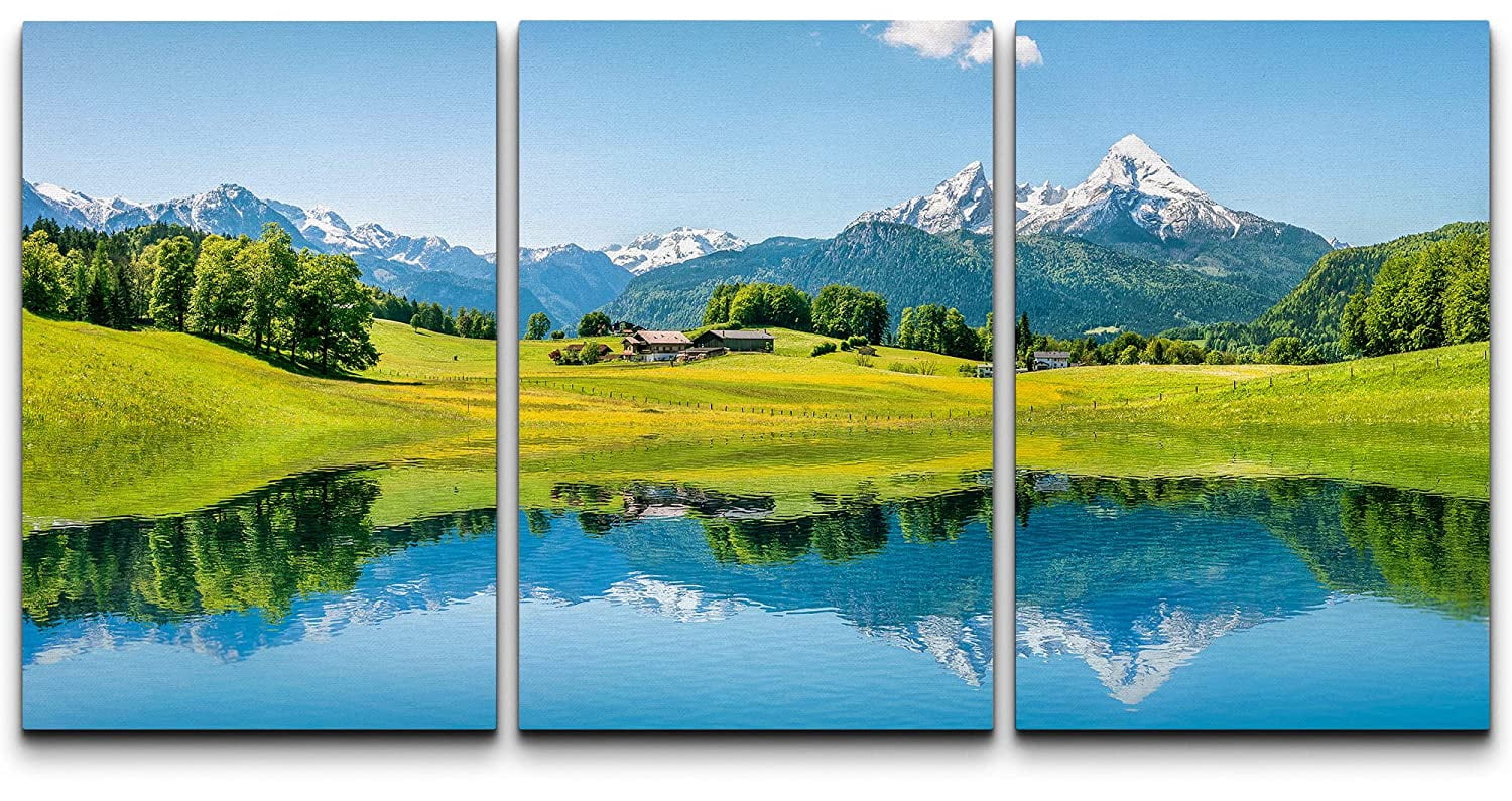 wall26 Canvas Print Wall Art Set Springtime Green Mountain Range Field ...