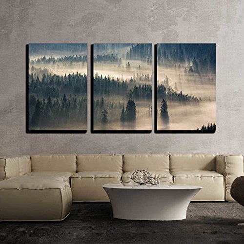 wall26 Canvas Print Wall Art Set Sunlight Over Fir Tree Forest in Misty Valley Nature Wilderness Photography Realism Rustic Colorful Multicolor for Living Room, Bedroom, Office - 16"x24"x3