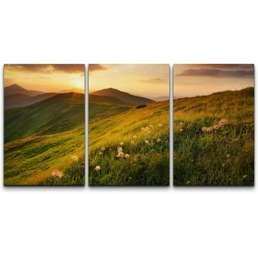 wall26 Canvas Print Wall Art Set Sunset Mountain Valley Meadow &amp; Flowers Nature Wilderness Photography Realism Rustic Scenic Colorful Multicolor for Living Room, Bedroom, Office - 16&quot;x24&quo