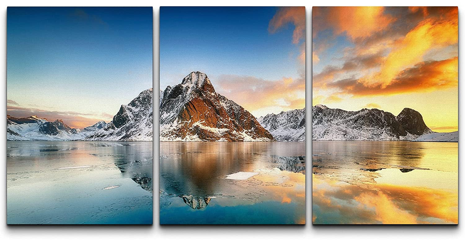 wall26 Canvas Print Wall Art Set Sunset Snowy Mountain Range Lake ...