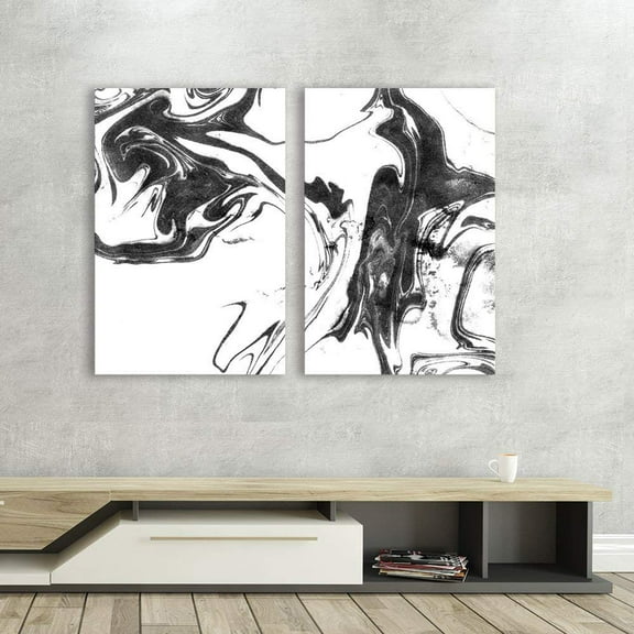 wall26 Canvas Print Wall Art Set Swirling Black &amp; White Ink Splash Abstract Patterns Digital Art Modern Art Chic Scenic Colorful Multicolor for Living Room, Bedroom, Office - 16"x24"x2
