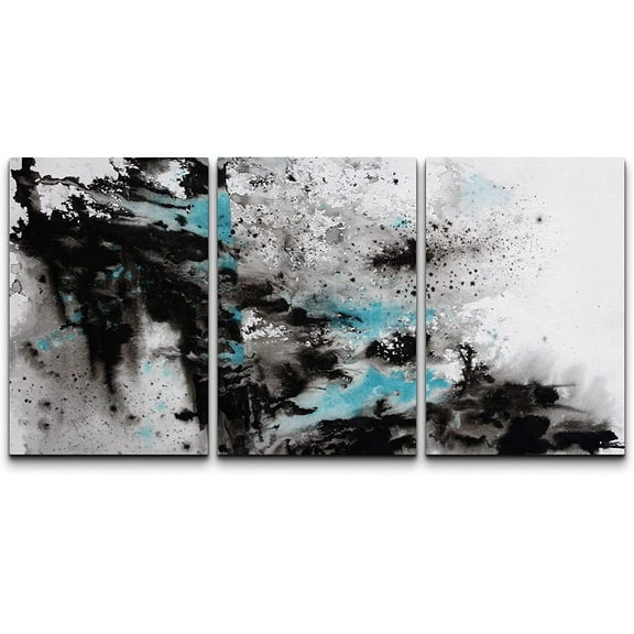 wall26 Canvas Print Wall Art Set Teal Black Spray Paint Landscape Abstract Shapes Illustrations Modern Art Bohemian Decorative Multicolor for Living Room, Bedroom, Office - 16"x24"x3 Panels