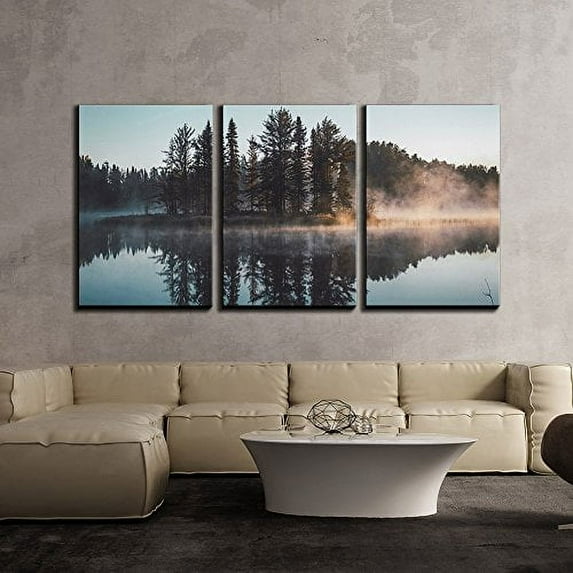 wall26 Canvas Print Wall Art Set Trees with Misty Lake Reflection Nature Wilderness Photography Realism Contemporary Expressive Multicolor for Living Room, Bedroom, Office - 16"x24"x3 Panel