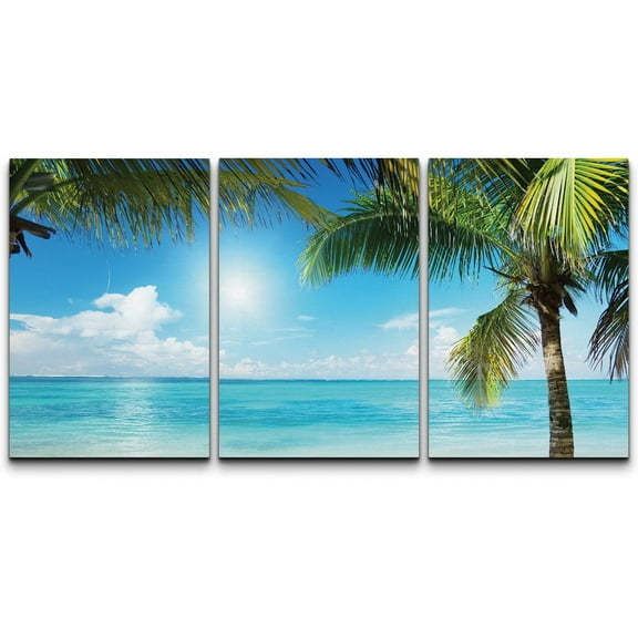 wall26 Canvas Print Wall Art Set Tropical Blue Beach with Palm Trees Nature Wilderness Photography Modern Art Southwest Scenic Colorful Ultra for Living Room, Bedroom, Office - 16"x24"x3 Pa