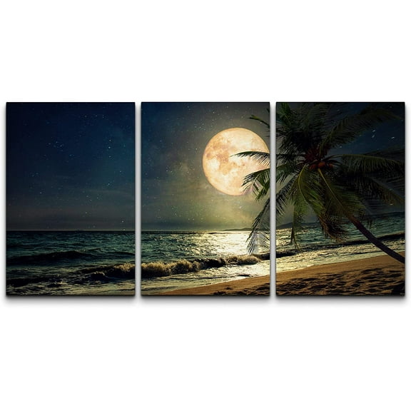 wall26 Canvas Print Wall Art Set Tropical Island Moonlight Beach Shore Nature Wilderness Photography Realism Rustic Landscape Colorful Cool for Living Room, Bedroom, Office - 24"x36"x3 Pane