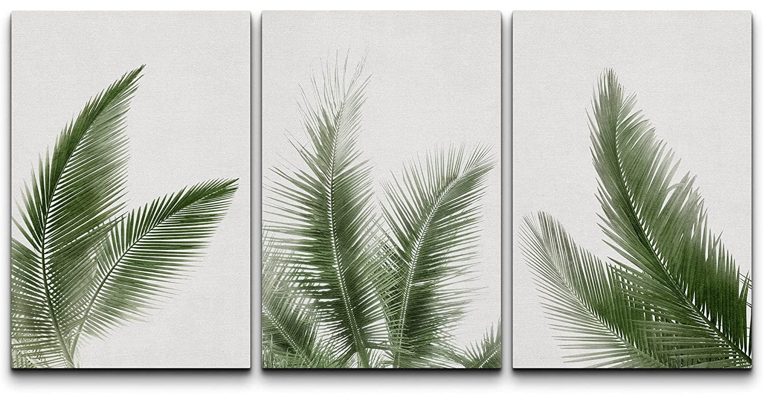 Modern Green Palm Leaf Geometric Canvas Print Set - 16" x 24"
