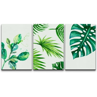wall26 Canvas Print Wall Art Set Tropical Monstera &amp; Palm Leaf Variety Floral Plants Watercolor Modern Art Rustic Colorful Multicolor Pastel for Living Room, Bedroom, Office - 16&quot;x24&quot;x3