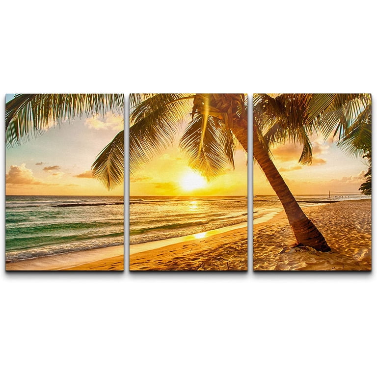 wall26 Canvas Print Wall Art Set Tropical Sunset Palm Tree Beach