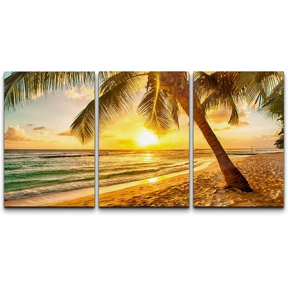 wall26 Canvas Print Wall Art Set Tropical Sunset Palm Tree Beach Paradise Nature Wilderness Photography Realism Rustic Landscape Colorful for Living Room, Bedroom, Office - 16"x24" x 3