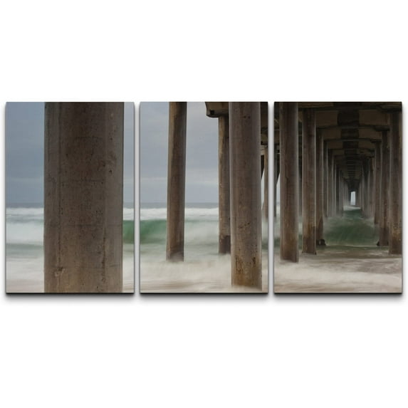 wall26 Canvas Print Wall Art Set Under Huntington Beach Pier in Winter Nature Ocean Photography Realism Nautical Scenic Relax/Calm Multicolor for Living Room, Bedroom, Office - 24"x36"x3
