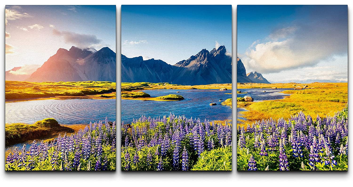 wall26 Canvas Print Wall Art Set Vibrant Lavender Flower Mountain Lake ...