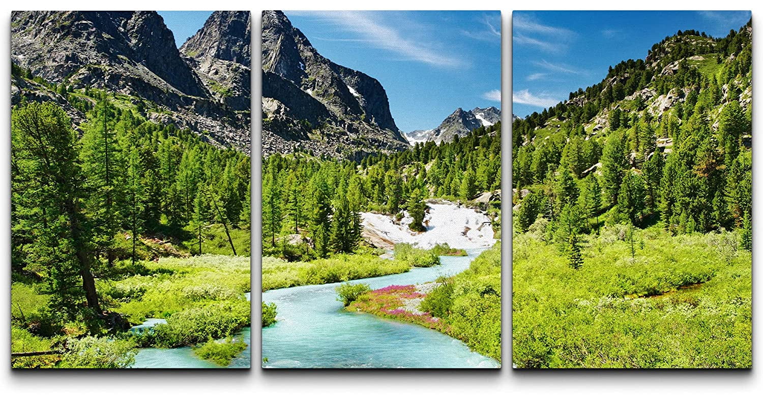 wall26 Canvas Print Wall Art Set Vibrant Mountain Range Forest River ...