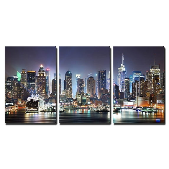 wall26 Canvas Print Wall Art Set Vibrant NYC Manhattan Skyline at Night Nature Wilderness Photography Realism Rustic Scenic Colorful Travel Ultra for Living Room, Bedroom, Office - 24"x36"x