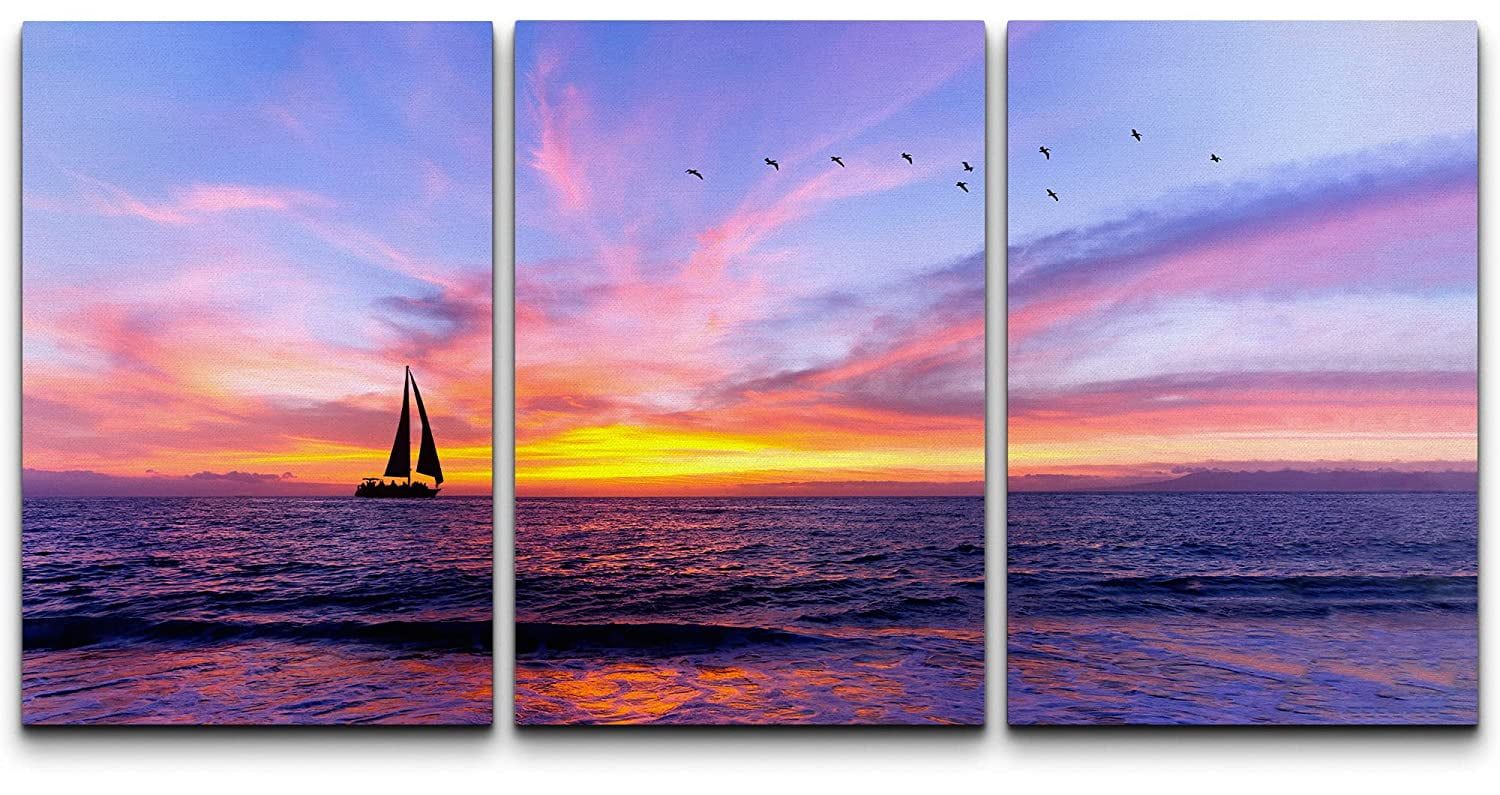 wall26 Canvas Print Wall Art Set Vibrant Neon Purple Ocean Sunset Boat ...