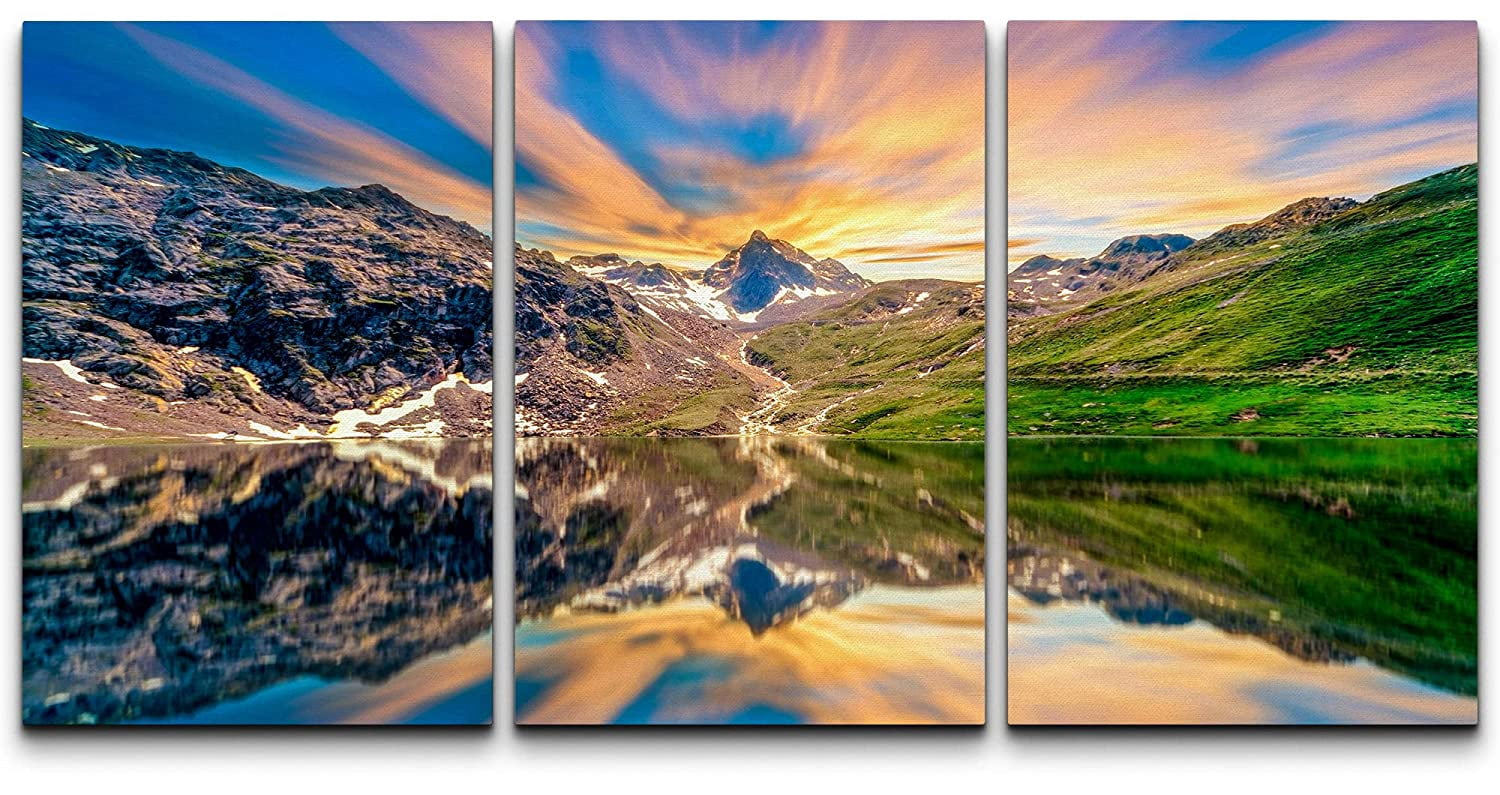 wall26 Canvas Print Wall Art Set Vibrant Sunset Mountain Range Lake ...
