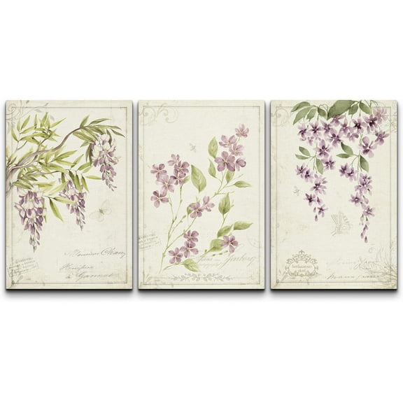 wall26 Canvas Print Wall Art Set Victorian Style Purple Hanging Flowers Nature Floral Illustrations Realism Rustic Scenic Colorful Wilderness for Living Room, Bedroom, Office - 16"x24"x3