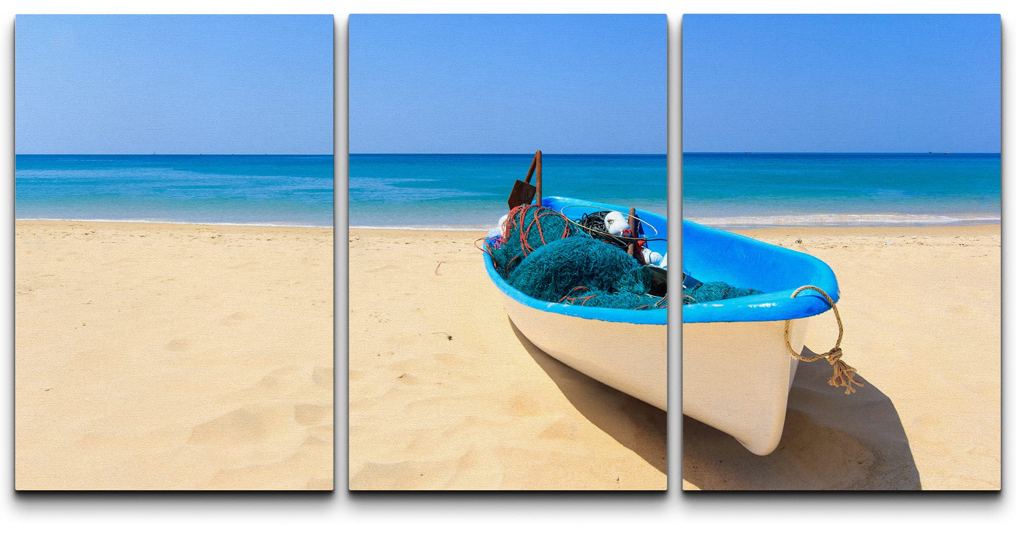wall26 Canvas Print Wall Art Set View of Blue Boat on Sunny Beach Shore ...