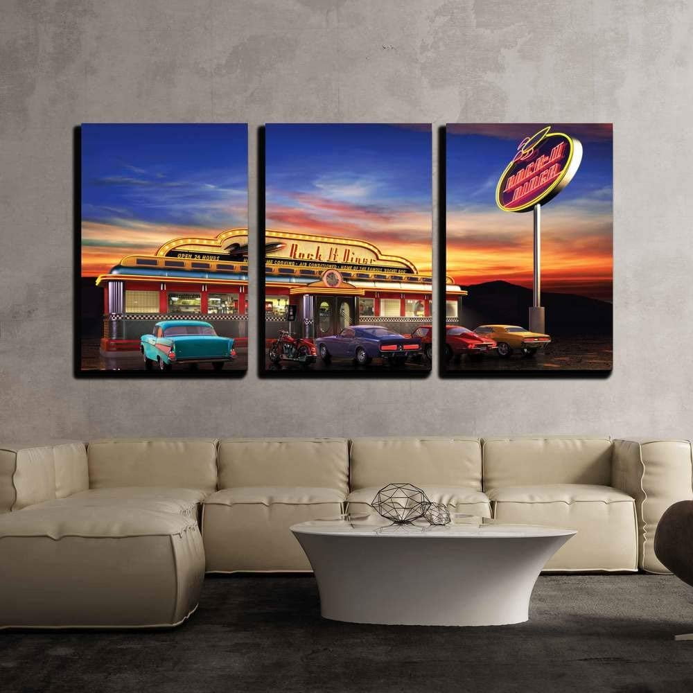 Vintage 1950s American Diner Sunset Canvas Wall Art Set