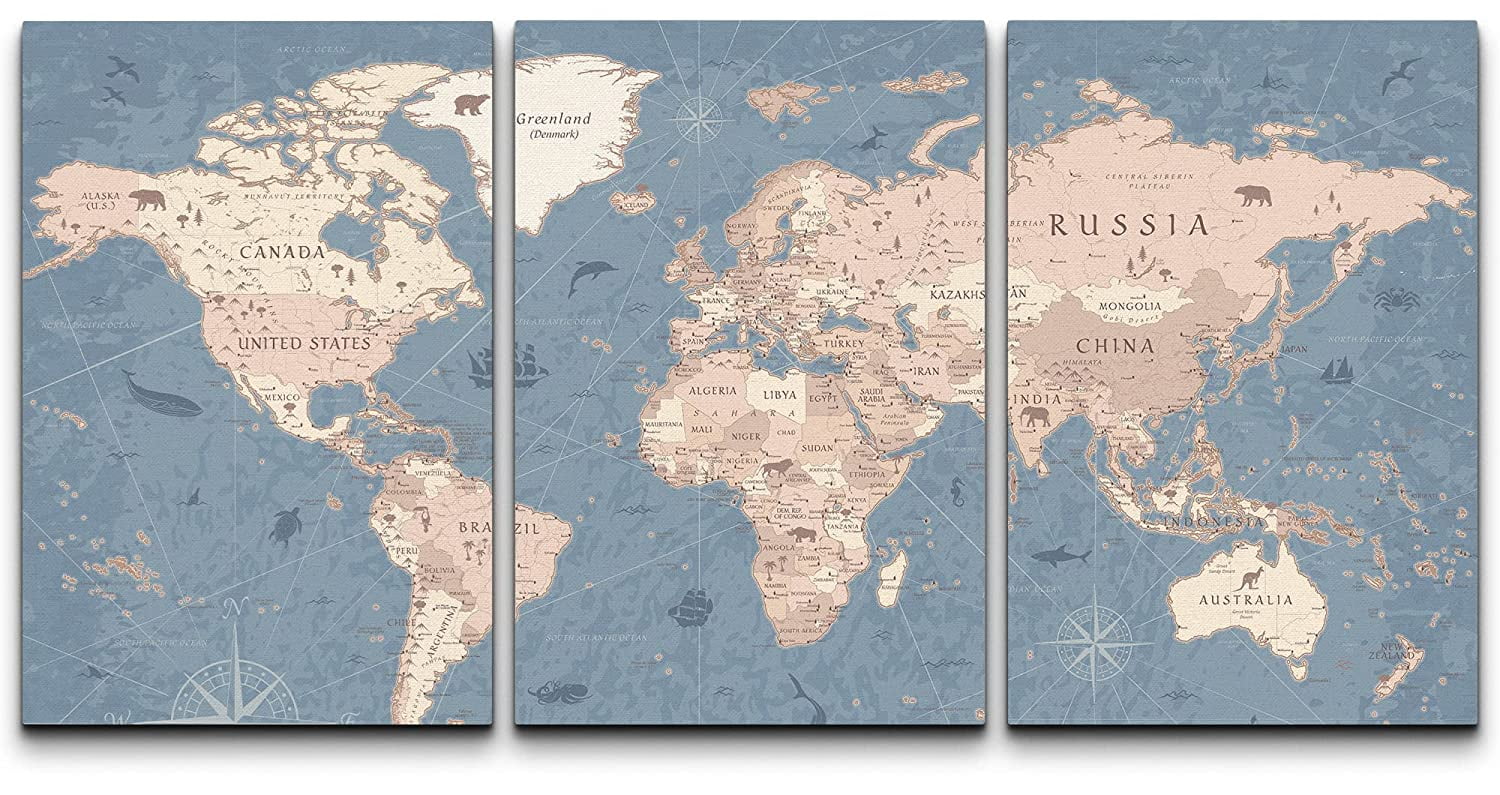 Vintage Blue and Beige World Map Canvas Print Set