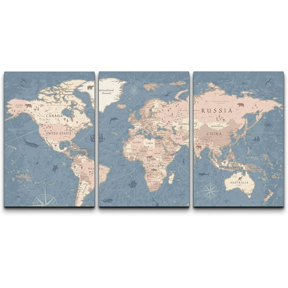 wall26 Canvas Print Wall Art Set Vintage Antique Pastel World Map Global Country Illustrations Modern Decorative International Educational for Living Room, Bedroom, Office - 16"x24" x 3 Pan