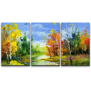 wall26 Canvas Print Wall Art Set Watercolor Paint Stroke Autumn Forest &amp; Birds Nature Wilderness Illustrations Modern Art Rustic Scenic Nature Colorful for Living Room, Bedroom, Office - 16&quot;