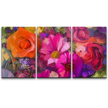 wall26 Canvas Print Wall Art Set Watercolor Paint Stroke Pink &amp; Orange Flowers Nature Wilderness Illustrations Realism Rustic Scenic Colorful Landscape for Living Room, Bedroom, Office - 16&quot;