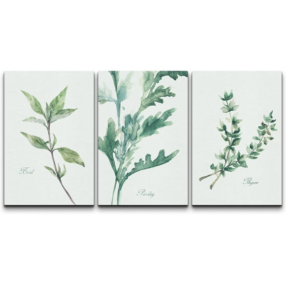 wall26 Canvas Print Wall Art Set Watercolor Retro Green Herb Collage Nature Floral Illustrations Realism Rustic Scenic Colorful Wilderness for Living Room, Bedroom, Office - 16"x24"x3