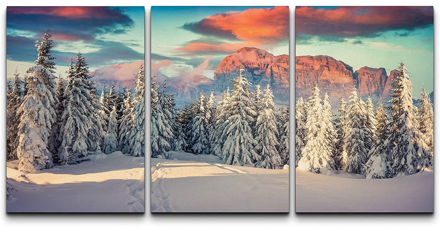 wall26 Canvas Print Wall Art Set Winter Snowy Mountain Forest Sunset ...