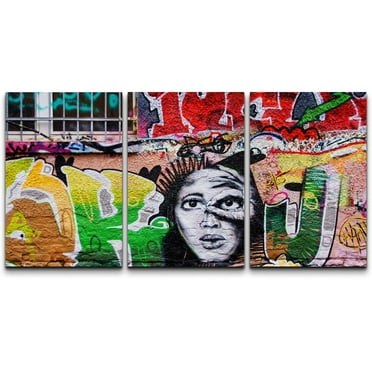 wall26 Canvas Print Wall Art Set Woman Looking Through Finger Triptych Graffiti &amp; Street Art Cities Mixed Media Realism Bohemian Scenic Urban Multicolor for Living Room, Bedroom, Office - 16&quot