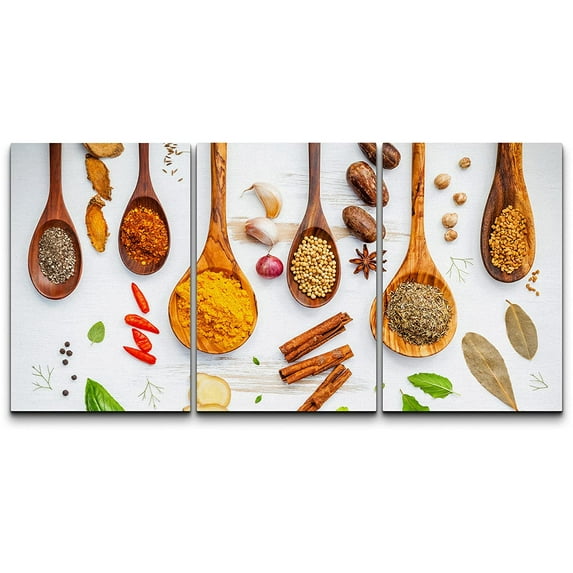 wall26 Canvas Print Wall Art Set Wood Spoon Cinnamon Bay Leaf Anise Spices Food Kitchen &amp; Cooking Photography Realism Decorative Colorful for Living Room, Bedroom, Office - 24"x36"x3