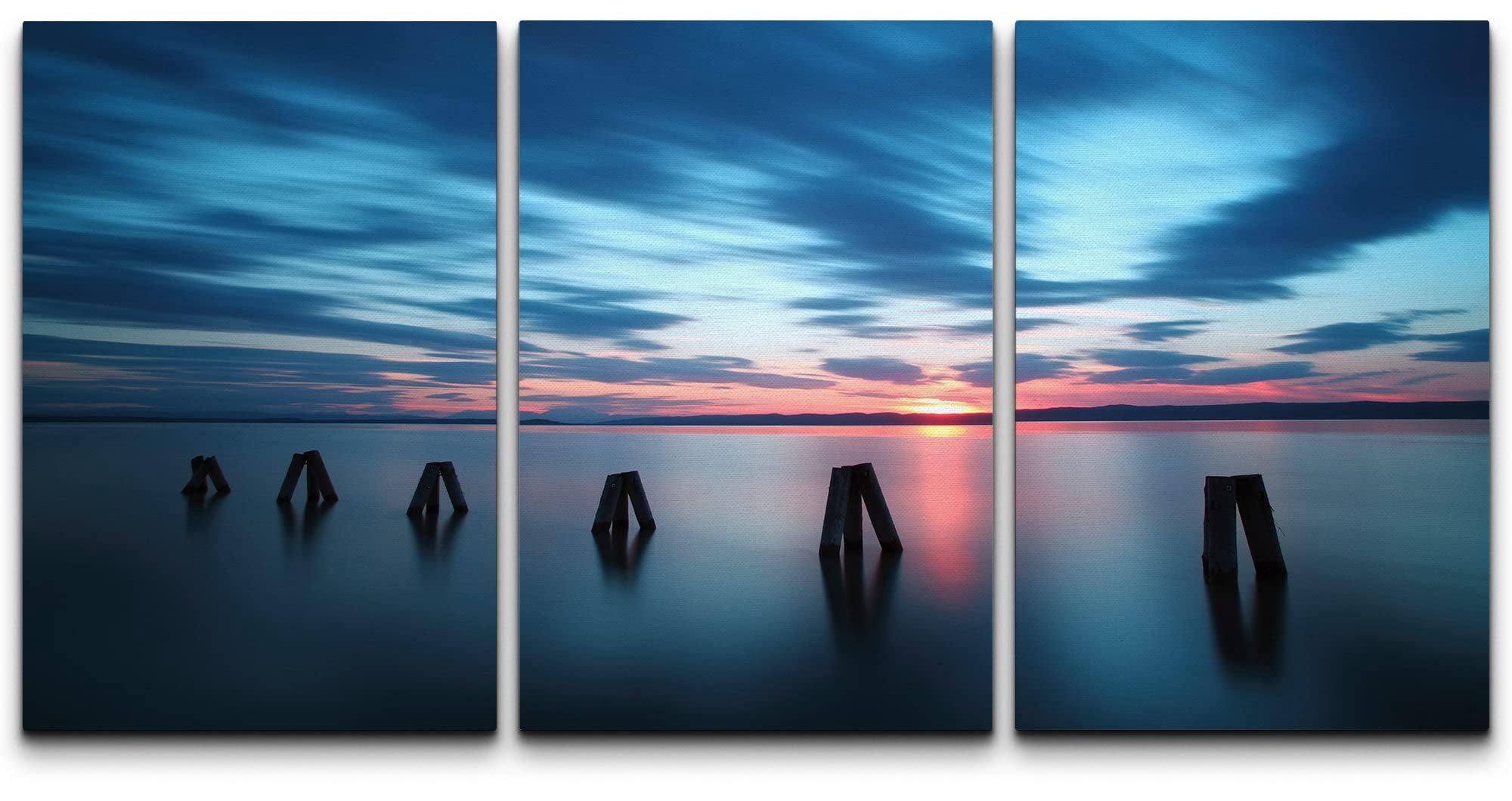 wall26 Canvas Print Wall Art Set Wooden Beams in Ocean Horizon Sunset ...