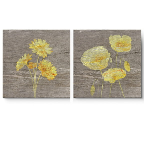 wall26 Canvas Print Wall Art Set Yellow Daisy Assortment on Wood Grain Floral Botanical Illustrations Minimalism Chic Relax/Calm Multicolor for Living Room, Bedroom, Office - 12"x12"x2