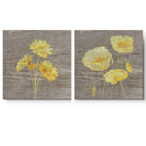wall26 Canvas Print Wall Art Set Yellow Daisy Assortment on Wood Grain Floral Botanical Illustrations Minimalism Chic Relax/Calm Multicolor for Living Room, Bedroom, Office - 16"x16"x2