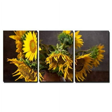 wall26 Canvas Print Wall Art Set Yellow Sunflowers in Vase on Table Nature Wilderness Photography Realism Rustic Scenic Colorful Ultra for Living Room, Bedroom, Office - 16&quot;x24&quot;x3