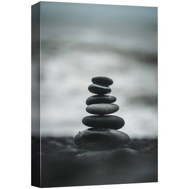wall26 Canvas Print Wall Art Smooth Black Pebbles on Beach Shore Ocean Wave Nature Wilderness Photography Realism Decorative Yoga Multicolor Relax/Calm Zen for Living Room, Bedroom, Office - 12&quot;