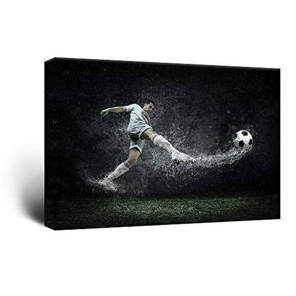 wall26 Canvas Print Wall Art Soccer Player Kicks Ball in Rain Sports Athletes Photography Realism Contemporary Scenic Urban Multicolor Ultra for Living Room, Bedroom, Office - 12"x18"