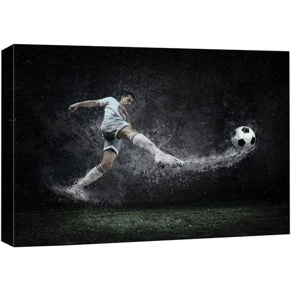 wall26 Canvas Print Wall Art Soccer Player Kicks Ball in Rain Sports Athletes Photography Realism Contemporary Scenic Urban Multicolor Ultra for Living Room, Bedroom, Office - 24"x36"