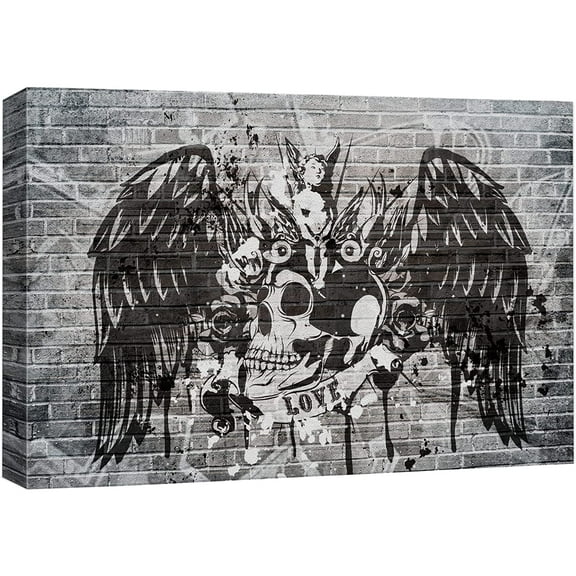 wall26 Canvas Print Wall Art Spray Paint Black &amp; White Brick Wall Skull Angel Wings Graffiti &amp; Street Art Urban Illustrations Modern Art Boho for Living Room, Bedroom, Office - 24"x36&qu