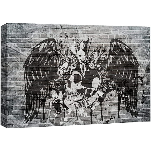 wall26 Canvas Print Wall Art Spray Paint Black & White Brick Wall Skull Angel Wings Graffiti & Street Art Urban Illustrations Modern Art Boho for Living Room, Bedroom, Office - 32"x48&qu