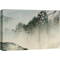 wall26 Canvas Print Wall Art Spring Mountains with Birds and Cherry Blossom Nature Wilderness Illustrations Modern Rustic Scenic Multicolor Colorful for Living Room, Bedroom, Office - 12"x18&quo