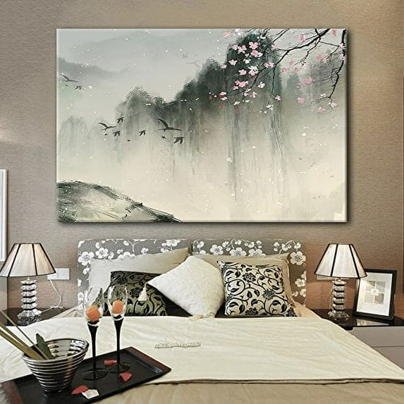 wall26 Canvas Print Wall Art Spring Mountains with Birds and Cherry Blossom Nature Wilderness Illustrations Modern Rustic Scenic Multicolor Colorful for Living Room, Bedroom, Office - 32"x48&quo